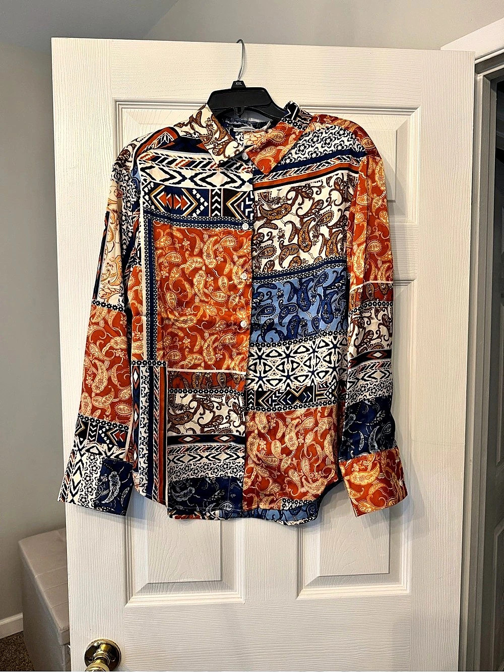 inmod Women's Patchwork Geometric Button Down Orange & Blue Small NWOT
